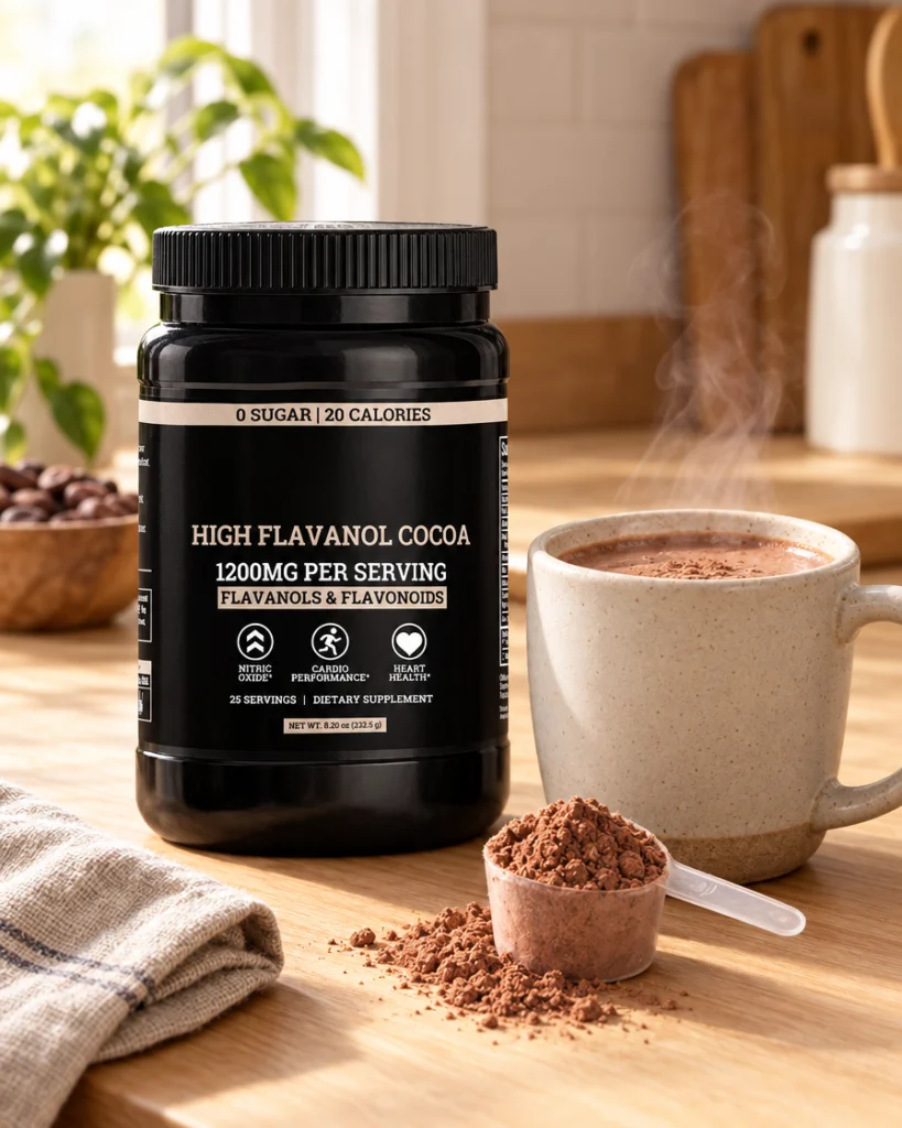High Flavanol Cocoa jar with a mug of hot cocoa