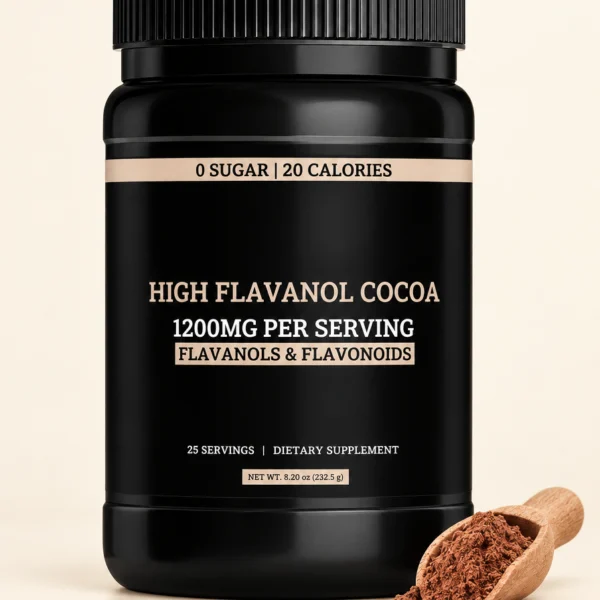 High Flavanol Cocoa powder jar with a scoop of cocoa