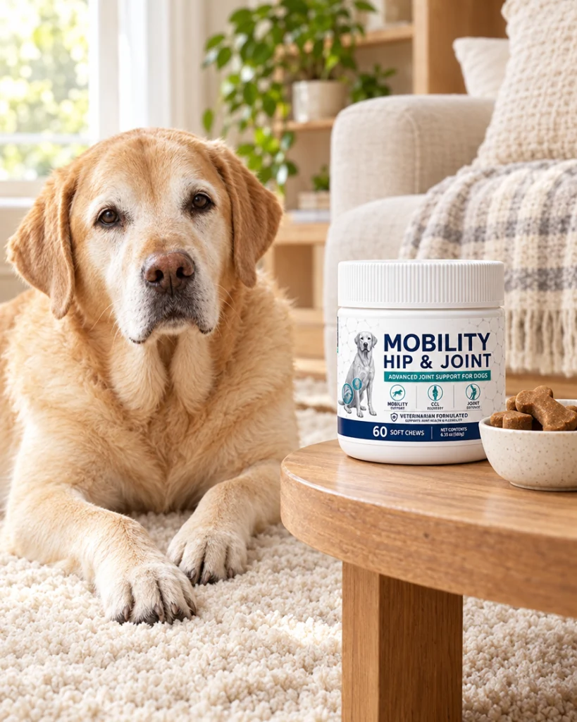 Senior Labrador resting next to a jar of Mobility Hip & Joint soft chews