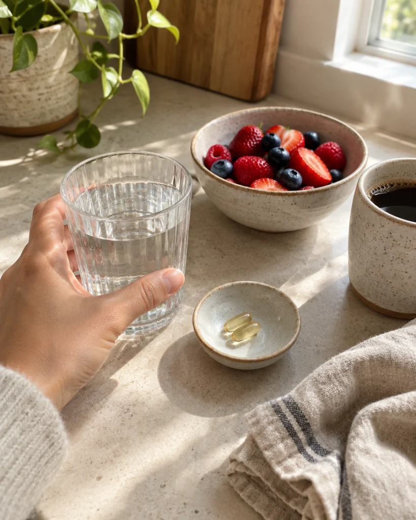 Morning routine with a glass of water and softgels