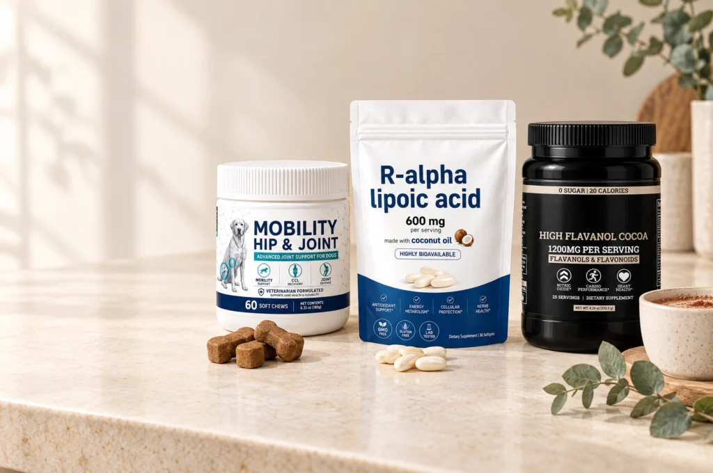 VITANOVA hip & joint chews, R-alpha lipoic acid and high flavanol cocoa on a kitchen counter