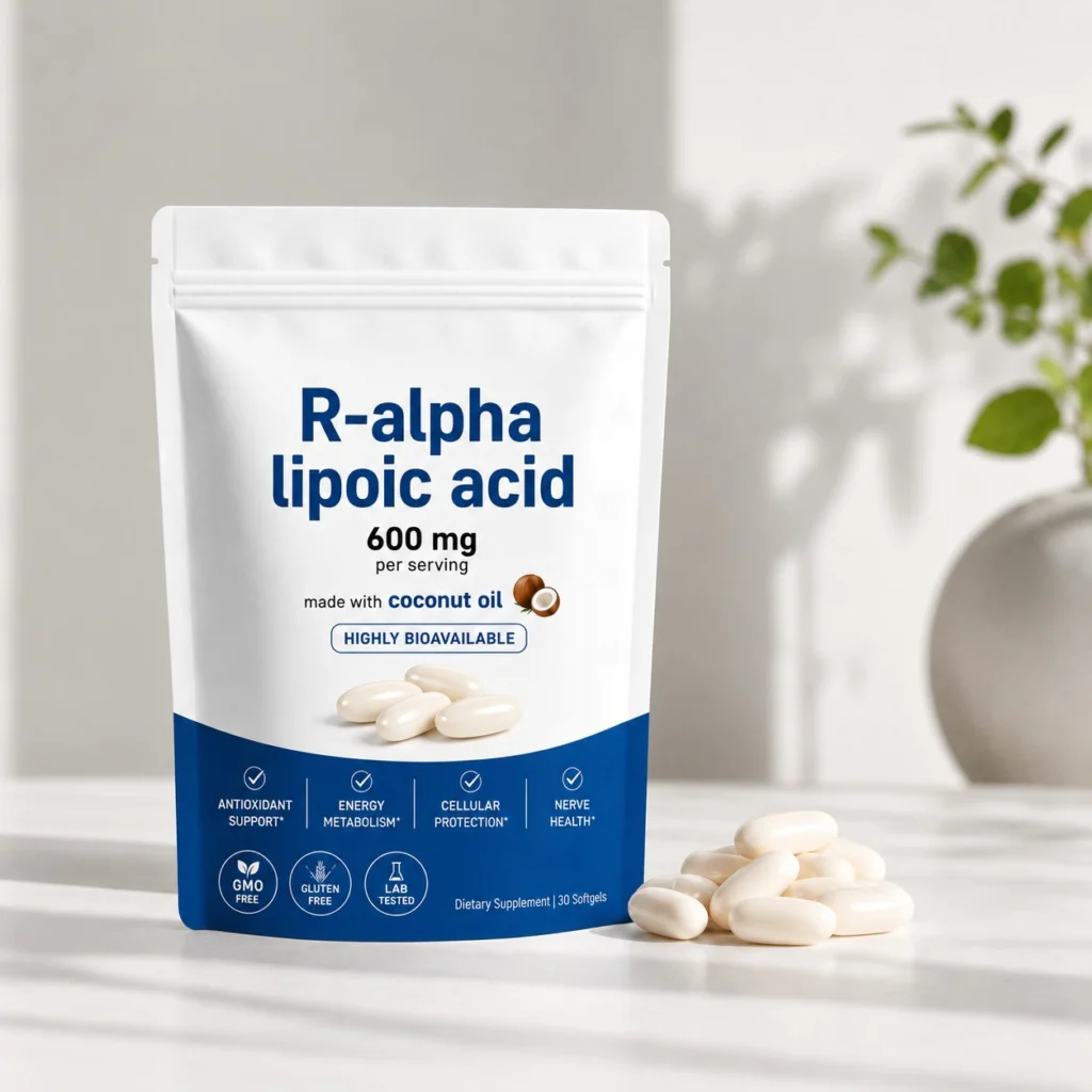 R-Alpha Lipoic Acid 600 mg softgels pouch on a table